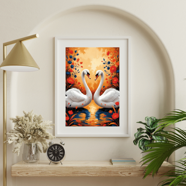 Eternal Embrace - Swan Couple at Sunset, Romantic Wall Art Print with Floral Reflections | Unframed Nature-Inspired Canvas for Bedroom, Living Room, or Gift Décor - Image 4