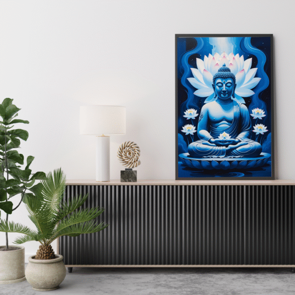 Buddha Canvas Wall Art – Blue Meditative Buddha Painting with Lotus Flowers for Spiritual Home Decor | Unframed Rolled Canvas Print - Image 2