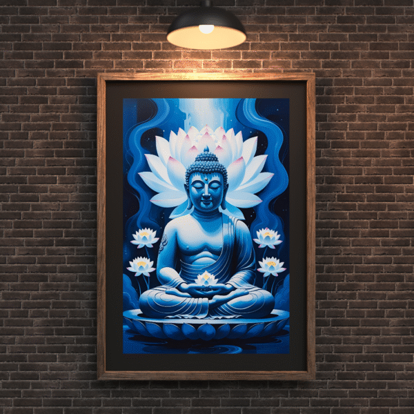 Buddha Canvas Wall Art – Blue Meditative Buddha Painting with Lotus Flowers for Spiritual Home Decor | Unframed Rolled Canvas Print - Image 3
