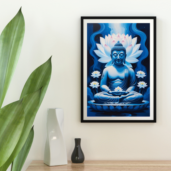 Buddha Canvas Wall Art – Blue Meditative Buddha Painting with Lotus Flowers for Spiritual Home Decor | Unframed Rolled Canvas Print - Image 4