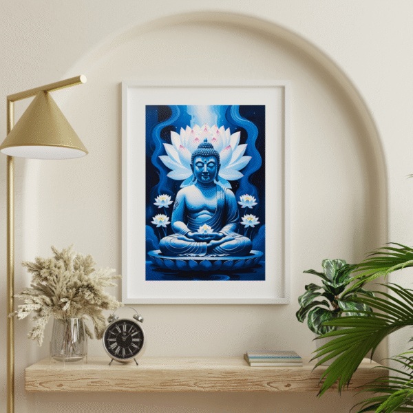 Buddha Canvas Wall Art – Blue Meditative Buddha Painting with Lotus Flowers for Spiritual Home Decor | Unframed Rolled Canvas Print - Image 6