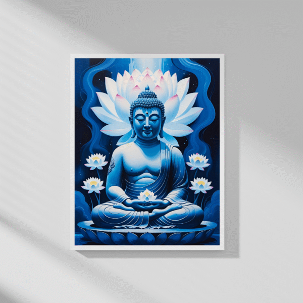 Buddha Canvas Wall Art – Blue Meditative Buddha Painting with Lotus Flowers for Spiritual Home Decor | Unframed Rolled Canvas Print - Image 8