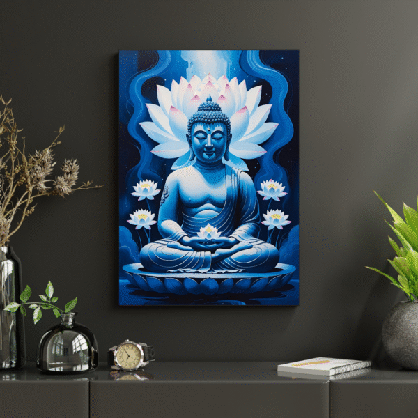 Buddha Canvas Wall Art – Blue Meditative Buddha Painting with Lotus Flowers for Spiritual Home Decor | Unframed Rolled Canvas Print - Image 7