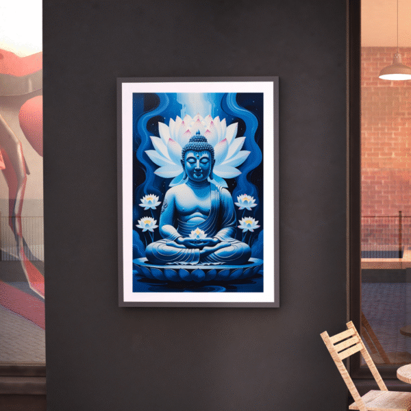 Buddha Canvas Wall Art – Blue Meditative Buddha Painting with Lotus Flowers for Spiritual Home Decor | Unframed Rolled Canvas Print - Image 5