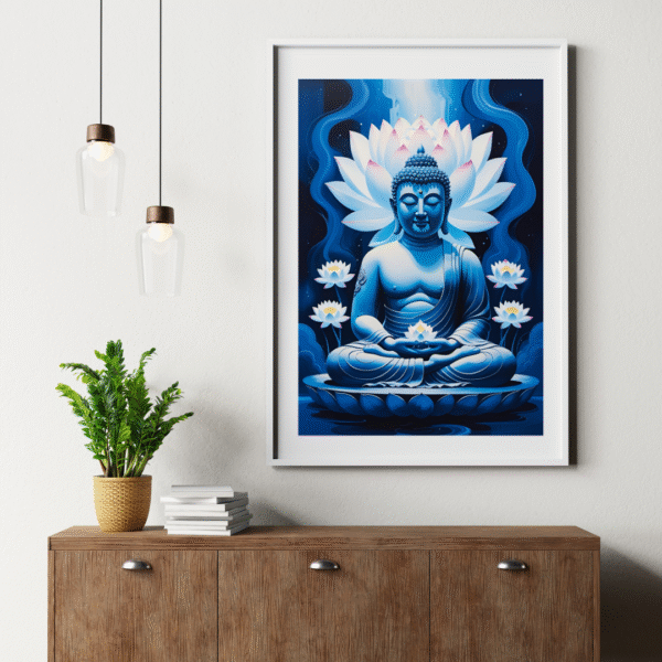 Blue Buddha canvas wall art featuring a meditative Buddha seated in lotus position with white lotus flowers and a glowing spiritual aura on a dark blue background