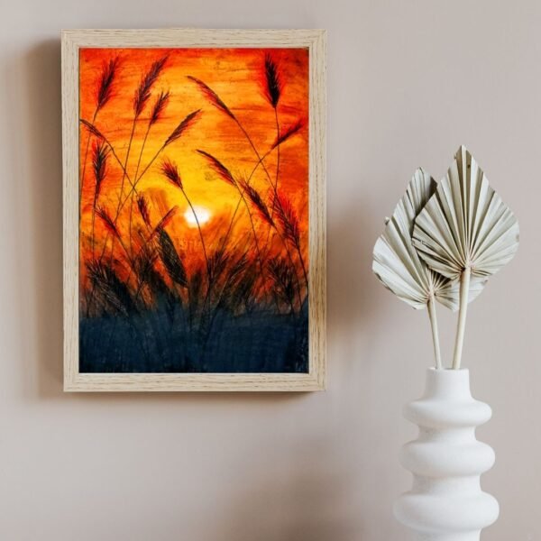 Golden Dusk – A4 Framed Sunset Nature Wall Art | Wild Grass Silhouette Print | Matte Paper | Black & Beige Frame Options - Image 3
