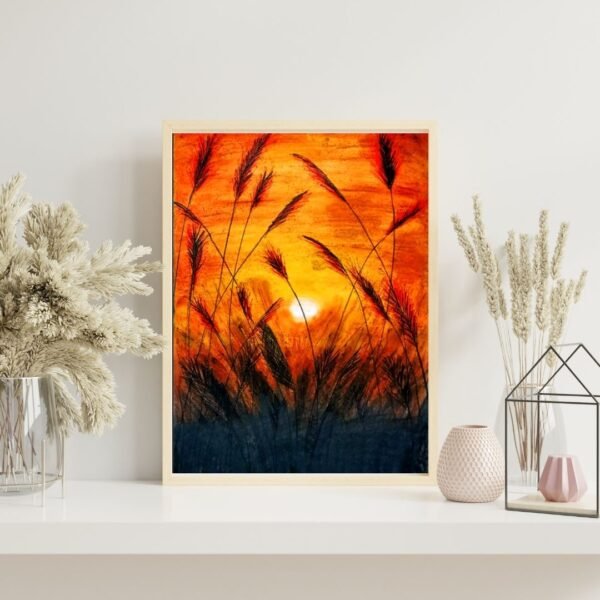 Golden Dusk – A4 Framed Sunset Nature Wall Art | Wild Grass Silhouette Print | Matte Paper | Black & Beige Frame Options - Image 4
