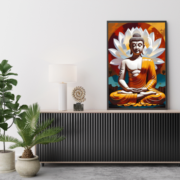 Buddha canvas wall art with meditating Buddha in orange robe, white lotus background, and warm red-gold tones