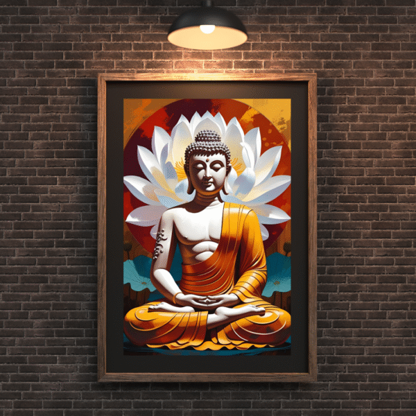 Buddha Canvas Wall Art – Meditating Buddha in Orange Robe with White Lotus and Red Aura | Unframed Rolled Canvas Print - Image 3