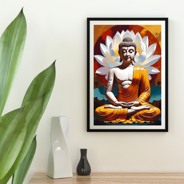 Buddha Canvas Wall Art – Meditating Buddha in Orange Robe with White Lotus and Red Aura | Unframed Rolled Canvas Print - Image 2