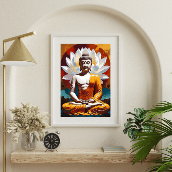 Buddha Canvas Wall Art – Meditating Buddha in Orange Robe with White Lotus and Red Aura | Unframed Rolled Canvas Print - Image 4
