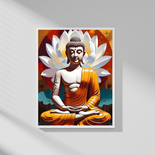 Buddha Canvas Wall Art – Meditating Buddha in Orange Robe with White Lotus and Red Aura | Unframed Rolled Canvas Print - Image 6