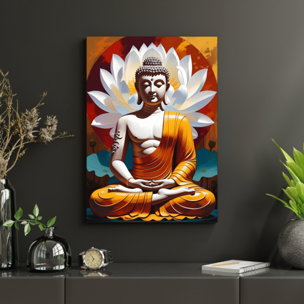 Buddha Canvas Wall Art – Meditating Buddha in Orange Robe with White Lotus and Red Aura | Unframed Rolled Canvas Print - Image 5