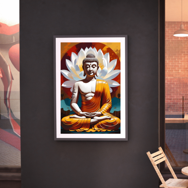 Buddha Canvas Wall Art – Meditating Buddha in Orange Robe with White Lotus and Red Aura | Unframed Rolled Canvas Print - Image 7