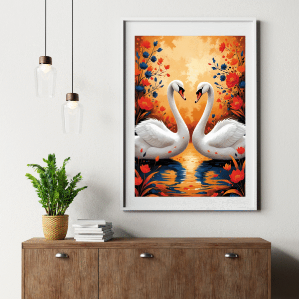 Eternal Embrace - Swan Couple at Sunset, Romantic Wall Art Print with Floral Reflections | Unframed Nature-Inspired Canvas for Bedroom, Living Room, or Gift Décor - Image 9