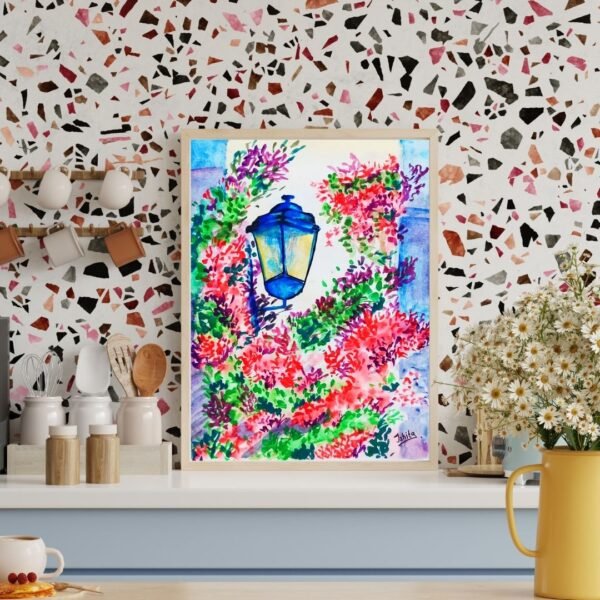 Blooming Alleyway Lantern – A4 Framed Watercolor Floral Wall Art Print Featuring Street Lantern and Colorful Blossoms - Image 8