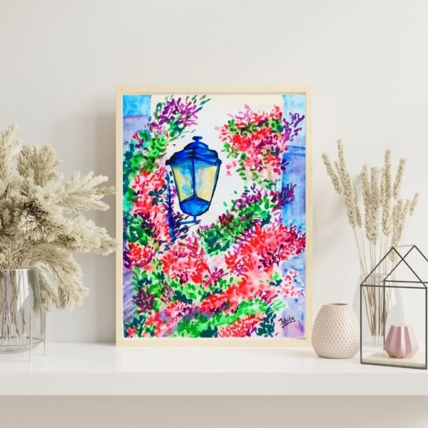 Blooming Alleyway Lantern – A4 Framed Watercolor Floral Wall Art Print Featuring Street Lantern and Colorful Blossoms - Image 6