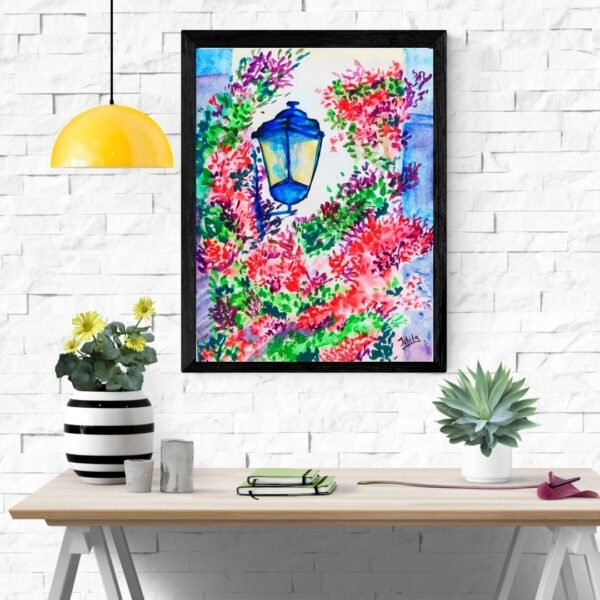 Blooming Alleyway Lantern – A4 Framed Watercolor Floral Wall Art Print Featuring Street Lantern and Colorful Blossoms - Image 5