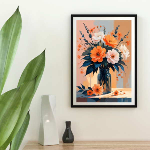 Modern Floral Wall Art – Unframed Canvas Print of Warm Orange & White Flowers in Glass Vase | Minimal Botanical Artwork for Bedroom, Living Room, or Entryway - Image 4