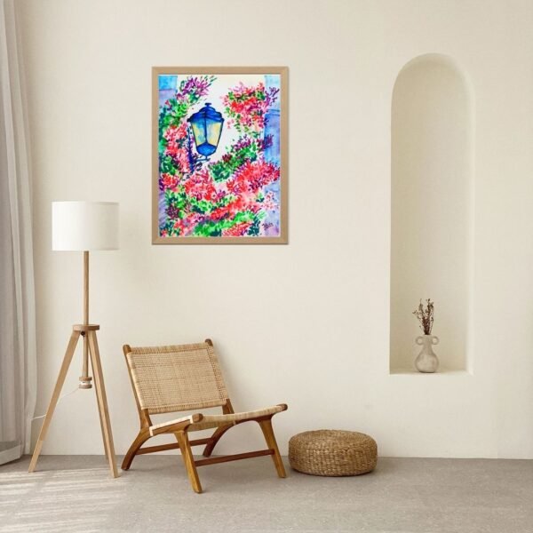 Blooming Alleyway Lantern – A4 Framed Watercolor Floral Wall Art Print Featuring Street Lantern and Colorful Blossoms - Image 4