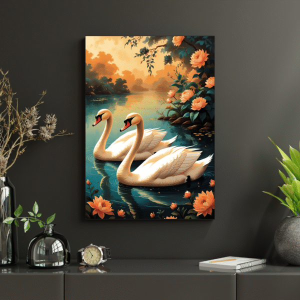 Romantic swan couple wall art with lotus flowers and sunset lake