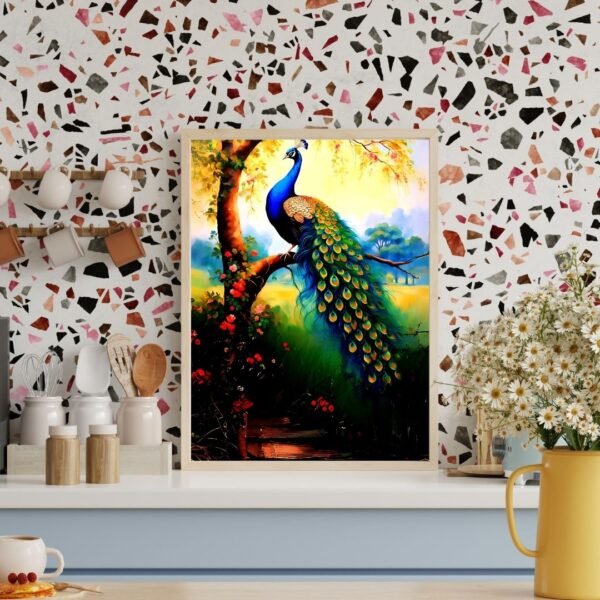 Peacock in Garden – A4 Framed Nature Wall Art Print | Vastu Decor for Home & Office | Black & Beige Frame Options - Image 2
