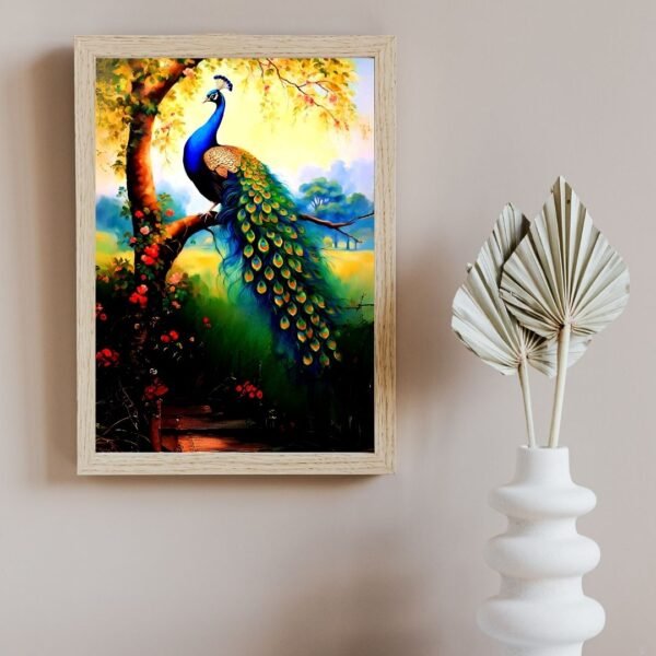 Peacock in Garden – A4 Framed Nature Wall Art Print | Vastu Decor for Home & Office | Black & Beige Frame Options - Image 4