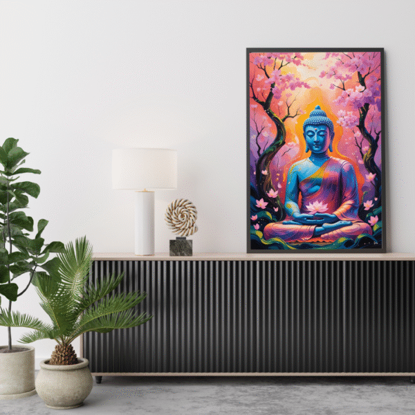 Buddha Canvas Wall Art – Blue Meditating Buddha with Cherry Blossoms in Vibrant Pink and Orange Tones | Unframed Rolled Canvas Print - Image 2
