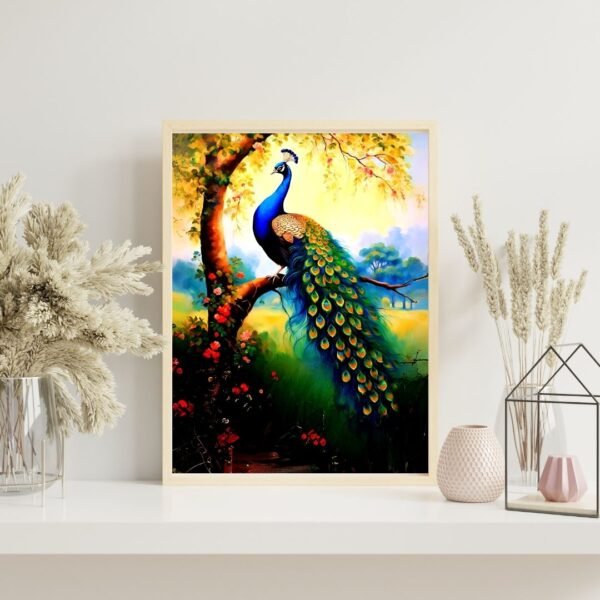 Peacock Nature Wall Art in Garden Setting – A4 Framed Print with Vibrant Colors and Vastu-Inspired Design