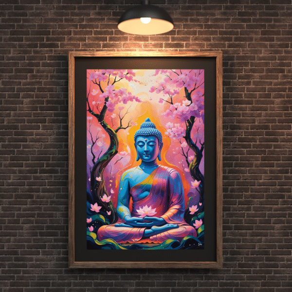 Buddha canvas wall art with meditating blue Buddha beneath cherry blossom trees in vibrant pink, orange, and blue tones