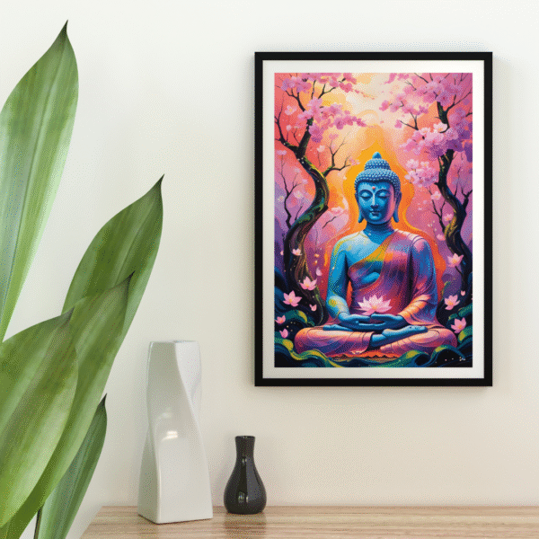 Buddha Canvas Wall Art – Blue Meditating Buddha with Cherry Blossoms in Vibrant Pink and Orange Tones | Unframed Rolled Canvas Print - Image 3