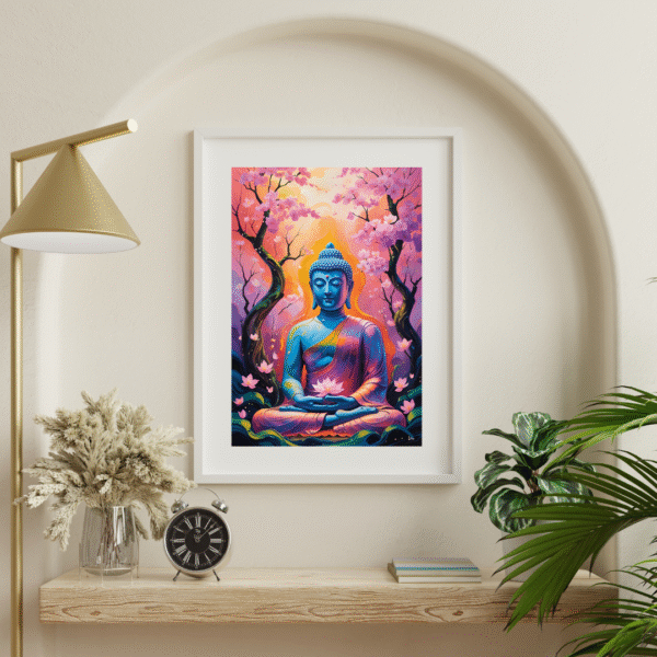 Buddha Canvas Wall Art – Blue Meditating Buddha with Cherry Blossoms in Vibrant Pink and Orange Tones | Unframed Rolled Canvas Print - Image 4