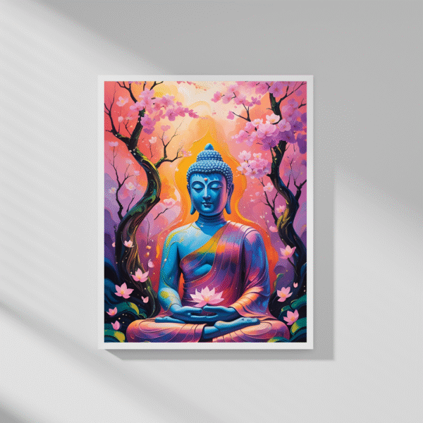 Buddha Canvas Wall Art – Blue Meditating Buddha with Cherry Blossoms in Vibrant Pink and Orange Tones | Unframed Rolled Canvas Print - Image 6