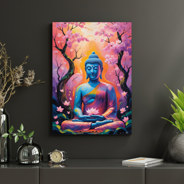Buddha Canvas Wall Art – Blue Meditating Buddha with Cherry Blossoms in Vibrant Pink and Orange Tones | Unframed Rolled Canvas Print - Image 5