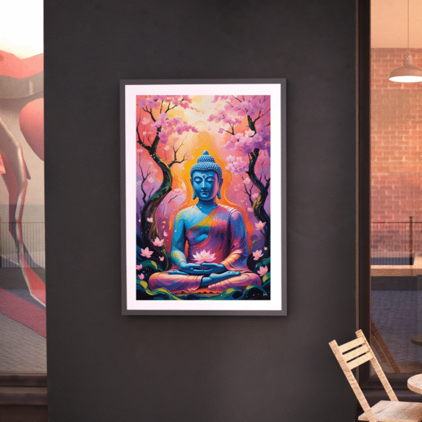 Buddha Canvas Wall Art – Blue Meditating Buddha with Cherry Blossoms in Vibrant Pink and Orange Tones | Unframed Rolled Canvas Print - Image 7