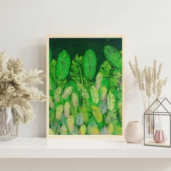 Tropical leaf wall art print with lush green foliage on matte paper, framed in black or beige, A4 size.