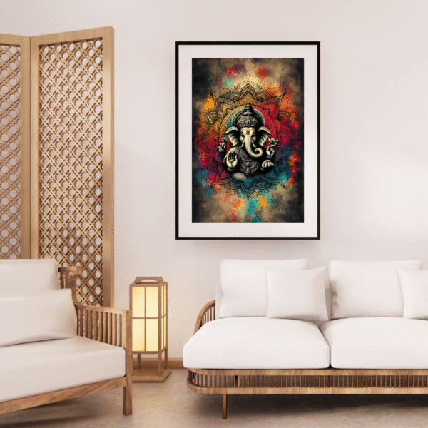 Lord Ganesha canvas wall art for Ganesh Chaturthi – unframed rolled print with divine golden background, perfect for pooja room or festive decor.
