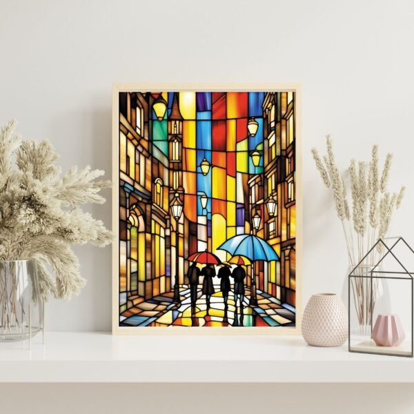 Framed stained glass-style wall art showing a colorful urban cityscape with people walking under umbrellas