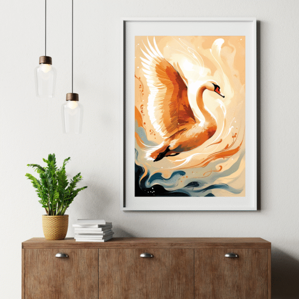 White swan flying over golden abstract background – unframed canvas wall art print for modern and nature-inspired interiors