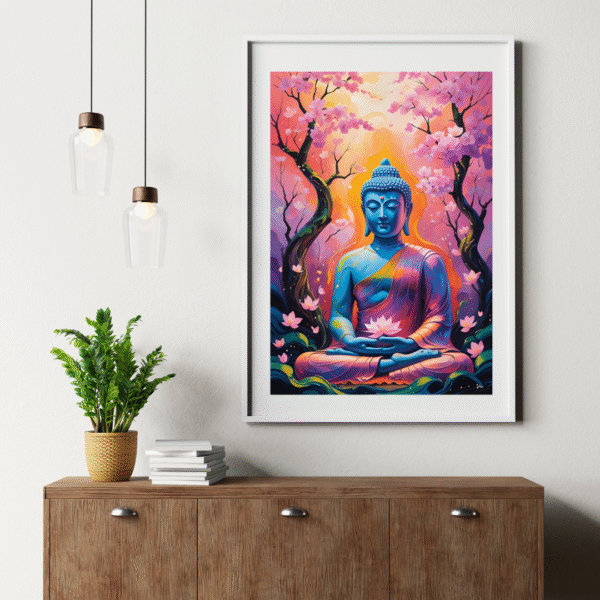 Buddha Canvas Wall Art – Blue Meditating Buddha with Cherry Blossoms in Vibrant Pink and Orange Tones | Unframed Rolled Canvas Print - Image 8