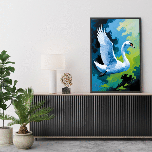 Into the Blue Beyond – Elegant White Swan in Flight over Green and Blue Sky | Unframed Nature-Inspired Canvas for Home or Office - Image 3