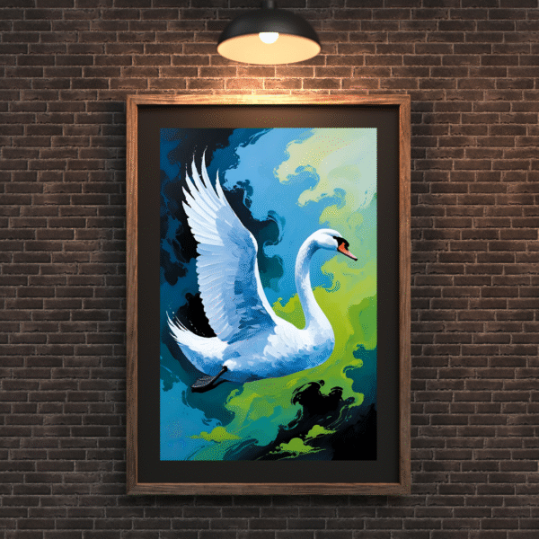 Into the Blue Beyond – Elegant White Swan in Flight over Green and Blue Sky | Unframed Nature-Inspired Canvas for Home or Office - Image 4