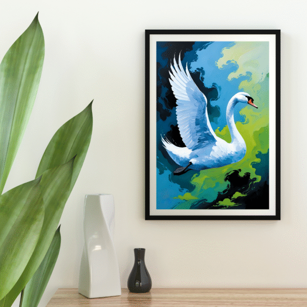 Into the Blue Beyond – Elegant White Swan in Flight over Green and Blue Sky | Unframed Nature-Inspired Canvas for Home or Office - Image 5