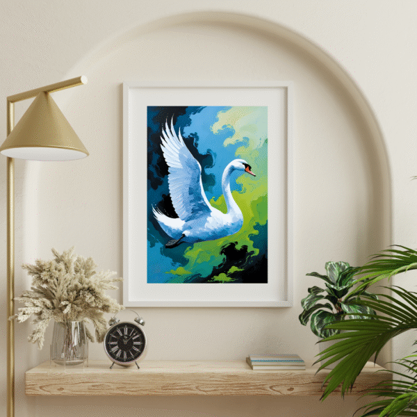 Into the Blue Beyond – Elegant White Swan in Flight over Green and Blue Sky | Unframed Nature-Inspired Canvas for Home or Office - Image 6