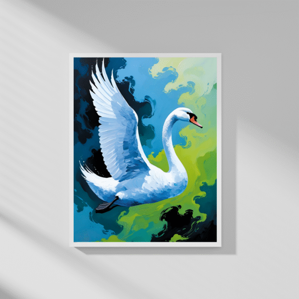 Into the Blue Beyond – Elegant White Swan in Flight over Green and Blue Sky | Unframed Nature-Inspired Canvas for Home or Office - Image 7