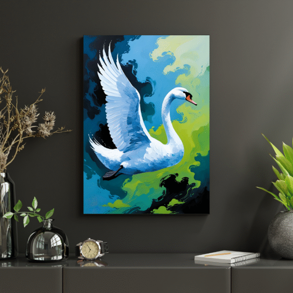 Abstract Swan Wall Art – White Swan in Flight Over Blue and Green Abstract Sky