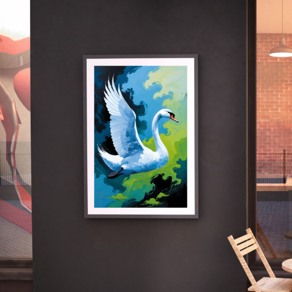 Into the Blue Beyond – Elegant White Swan in Flight over Green and Blue Sky | Unframed Nature-Inspired Canvas for Home or Office - Image 8