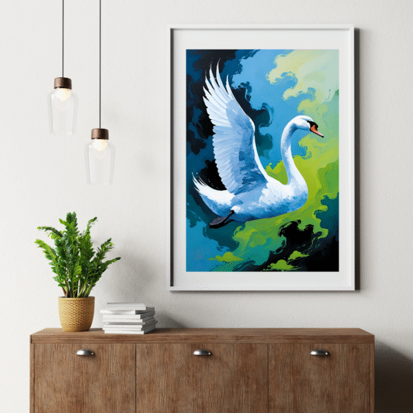 Into the Blue Beyond – Elegant White Swan in Flight over Green and Blue Sky | Unframed Nature-Inspired Canvas for Home or Office - Image 9