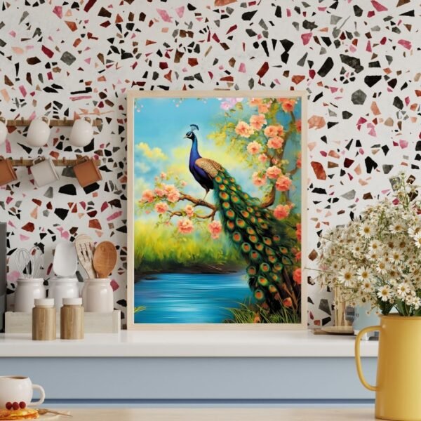 Majestic Peacock in Spring Garden – A4 Vastu Wall Art Print with Floral Blossoms | Framed Nature-Inspired Home Décor (Black & Beige Frame Options) - Image 2