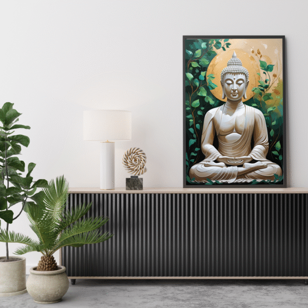 Buddha Canvas Wall Art – White Meditating Buddha with Golden Halo and Green Foliage | Unframed Rolled Spiritual Print - Image 2